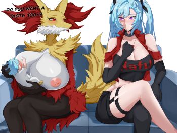 absurdres akeno(itsnafulol) animal_ear_fluff animal_ears baby black_fur black_shirt blue_hair blush breast_sucking breastfeeding breasts choker cleavage clothes_writing couch crop_top crossed_legs delphox elbow_gloves fox_ears fox_girl fox_tail furry furry_female gen_6_pokemon gloves hair_ribbon highres huge_breasts if_they_mated interspecies jacket jewelry looking_at_another meowdeer mother_and_daughter necklace nintendo nipples pink_eyes pokemon pokephilia red_fur red_jacket ribbon shirt shorts tail teasing thick_thighs thighhighs thighs twintails white_fur wife_and_wife yellow_fur