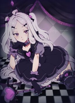 1girl absurdres ahoge artist_name black_gloves blue_archive blush breasts demon_girl demon_horns demon_wings gloves halo highres hina_(blue_archive) horns long_hair looking_at_viewer low_wings magical_girl purple_eyes small_breasts solo twintails very_long_hair white_hair wings