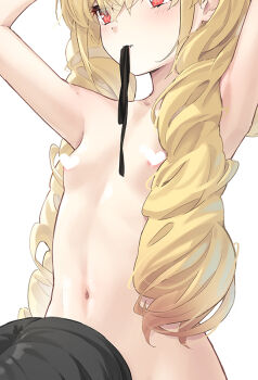 1boy 1girl armpits arms_behind_head arms_up black_hair black_ribbon blonde_hair blush breasts censored closed_mouth collarbone fang fang_out hair_between_eyes heart heart_censor hetero long_hair mouth_hold nude original out-of-frame_censoring peragura red_eyes ribbon ribbon_in_mouth simple_background small_breasts solo_focus twintails v-shaped_eyebrows very_long_hair white_background