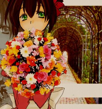 1girl 2000s_(style) arch bouquet brown_hair commentary_request dress flower green_eyes high_priest_(ragnarok_online) holding holding_bouquet looking_at_viewer pink_flower ragnarok_online red_dress red_flower sash sharufuto short_hair solo upper_body white_flower white_sash