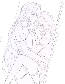 2girls acheron_(honkai:_star_rail) alternate_costume black_swan_(honkai:_star_rail) blush breast_press breasts closed_mouth commentary english_commentary futa_with_female futanari greyscale hand_on_another's_chest highres honkai:_star_rail honkai_(series) implied_futanari implied_sex lineart long_hair looking_at_another medium_breasts monochrome multiple_girls samlatte shirt short_sleeves skirt symmetrical_docking twitching very_long_hair