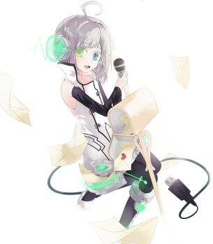 1boy :d absurdres ahoge black_pantyhose black_trim bltj2xg5iiy40x9 blue_eyes cable cable_tail detached_sleeves dress envelope glowing green_eyes grey_hair heterochromia high_collar highres holding holding_microphone looking_at_viewer mailbox_(incoming_mail) male_focus mechanical_tail microphone open_mouth pantyhose smile solo tail trap usb_tail utatane_piko vocaloid white_dress
