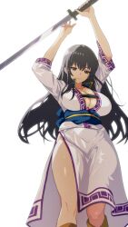 Rule 34 | 1girl, ahonoko, black hair, breasts, brown eyes, cleavage, collarbone, expressionless, feet out of frame, fire emblem, fire emblem: the blazing blade, grey eyes, highres, holding, holding weapon, huge breasts, incoming attack, karla (fire emblem), long hair, looking at viewer, nintendo, sash, simple background, solo, sword, weapon, white background