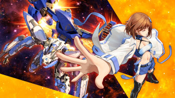 1girl aircraft airplane belt boots brown_hair closed_eyes highres jacket jet mecha missiles robot short_hair shorts thigh_boots thighhighs