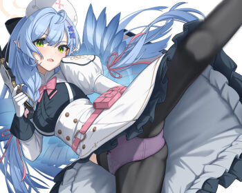 1girl ahoge angel_wings black_pantyhose blue_archive blue_hair blue_wings bow bowtie commentary_request feathered_wings frilled_skirt frills gloves gun halo hat high_kick juliet_sleeves kicking lever_action long_hair long_sleeves mine_(blue_archive) nurse_cap panties panties_under_pantyhose pantyhose pantyshot pink_bow pointy_ears puffy_sleeves skirt solo tamainoniwa trinity_general_school_logo underwear weapon white_background white_gloves wings yellow_eyes yellow_halo