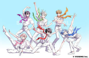 &gt;:) 6+boys :3 ahoge amayume_remu arkhe arm_support arm_up bad_tag belt black_choker black_eyes black_hair black_nails blue_background blue_hair blue_scarf center-flap_bangs charlo_(chrono_reverse) choker chrono_reverse clenched_hand closed_mouth collared_shirt colored_inner_hair copyright_notice crossed_arms curtained_hair eyeshadow floating_hair full_body gradient_background green_eyes green_hair green_scarf grin group_picture hair_between_eyes half_updo helmet heterochromia highres index_finger_raised kaname_(chrono_reverse) knees_together_feet_apart leaning_forward leg_up light_blush looking_at_viewer makeup male_focus marutiyo medium_hair multicolored_hair multiple_boys nail_polish official_art on_ground on_one_knee one_eye_closed open_collar orange_eyes orange_hair orange_scarf outstretched_arm outstretched_arms oxfords pants parted_bangs parted_lips patterned_hair pigeon-toed pink_eyeshadow pink_hair pink_scarf pose_request purple_eyes purple_hair purple_scarf red_pupils red_scarf sample_watermark scarf shino_(chrono_reverse) shirt shirt_tucked_in shoes short_hair short_sleeves side_part simple_background sitting smile spread_arms standing streaked_hair urumiya v-shaped_eyebrows watermark white_background white_belt white_hair white_pants white_shirt white_shoes yellow_eyes