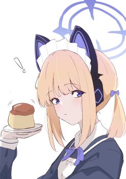 ! 1girl animal_ear_headphones animal_ears ao_(blue_archive) blonde_hair blue_archive blue_bow blue_eyes blue_halo bow cat_ear_headphones cat_ears commentary_request fake_animal_ears food fuiba_blue halo headphones highres holding holding_plate long_sleeves looking_at_viewer maid maid_headdress parted_lips plate pudding solo upper_body