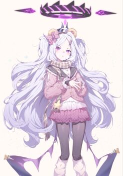 ahoge black_halo blue_archive blush demon_girl demon_horns demon_wings halo highres horns long_hair looking_at_viewer low_wings purple_eyes simple_background standing twintails very_long_hair white_background white_hair wings winter_uniform youguo_naberu