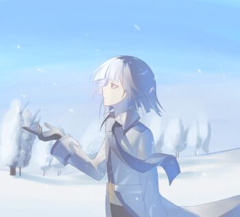 1boy belt black_gloves black_necktie black_pants blue_eyes chinese_commentary closed_mouth coat collared_coat commentary_request cowboy_shot from_side fukami_(funamusea) funamusea gloves hand_up highres long_sleeves male_focus necktie oounabara_to_wadanohara outdoors pants rafag short_hair snow snow_on_tree snowing solo sweater white_belt white_coat white_hair winter yellow_sweater