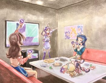 5girls :d ^_^ ahoge aokaze_nana arm_up blue_shirt blue_skirt bow brown_hair cake closed_eyes commentary couch creature cup drinking_glass food glowstick grey_skirt hair_ornament hairband hand_up hands_up happy heart highres holding holding_glowstick holding_microphone hood hood_down hoodie indoors karaoke karaoke_box kimi_to_idol_precure long_hair m64480681mogura mascot meroron_(fairy)_(precure) meroron_(precure) microphone multiple_girls music on_couch on_table open_mouth pink_bow pink_hairband pink_shirt plate poster_(object) precure purirun_(fairy)_(precure) purirun_(precure) purple_hoodie purple_skirt sakura_uta_(precure) shigure_kokoro shirt singing sitting skirt smile standing table tablet_pc television traditional_media twintails x_hair_ornament
