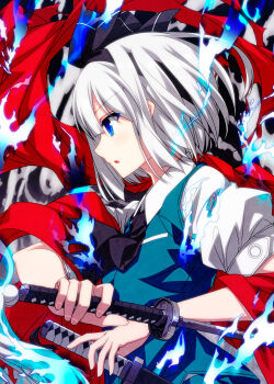 1girl aura black_hairband black_neckwear black_ribbon blue_eyes blush bob_cut collared_shirt commentary_request cropped_torso green_vest hair_between_eyes hairband highres katana konpaku_youmu looking_to_the_side puffy_short_sleeves puffy_sleeves ribbon sazanami_mio scabbard sheath shine shirt short_hair short_sleeves silver_hair solo sword touhou upper_body vest weapon white_shirt wing_collar