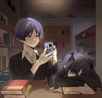 1boy 1girl alternate_costume animal_print arm_rest asymmetrical_bangs black_bow black_hair black_nails black_sleeves black_sweater blunt_bangs blunt_ends book book_stack bookshelf bow casual cat_print cellphone closed_mouth collared_shirt contemporary earrings elbow_rest eyeliner eyeshadow genshin_impact grey_eyes grey_hair hair_between_eyes hair_bow half-closed_eyes hands_up head_rest heart hetero highres holding holding_phone indoors jewelry library light_blush long_hair long_sleeves makeup mona_(genshin_impact) parted_bangs phone red_eyeliner red_eyeshadow scaramouche_(cat)_(genshin_impact) scaramouche_(genshin_impact) shirt short_eyebrows sleeping smartphone smile sweater taking_picture twintails undershirt white_shirt yaaaaaaannngggg zzz