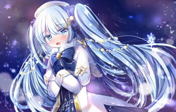 1girl aqua_eyes aqua_hair beret blue_bow blue_gloves blue_tabard blush bow capelet dress fortissimo gloves glowing_snowflake gold_trim hair_between_eyes hair_ornament hands_on_own_chest hat hatsune_miku highres hitsuzida long_hair long_sleeves musical_note musical_note_hair_ornament official_alternate_costume official_alternate_hairstyle open_mouth outdoors rabbit roman_numeral smile snow snowflake_print snowflakes snowing solo tabard twintails very_long_hair vocaloid white_capelet white_hat yuki_miku yuki_miku_(2021)