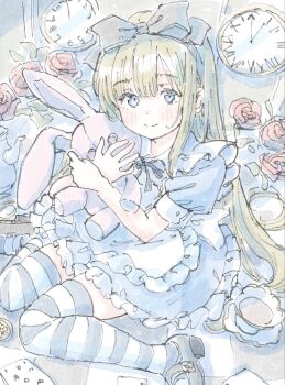 1girl alice&#039;s_adventures_in_wonderland alice_(alice_in_wonderland) analog_clock apron back_bow blonde_hair blue_dress blue_eyes blue_ribbon blunt_bangs blush bow card clock closed_mouth collar commentary_request cup dress flower frilled_dress frills grey_bow grey_hairband grey_shoes hair_bow hairband hands_up highres holding holding_stuffed_toy long_hair looking_at_viewer maid_apron mary_janes neck_ribbon playing_card poranka_(porankaran) red_flower red_rose ribbon rose saucer shoes sitting solo straight_hair striped_clothes striped_thighhighs stuffed_animal stuffed_rabbit stuffed_toy teacup teapot thighhighs traditional_media very_long_hair wariza white_apron white_bow white_collar zettai_ryouiki