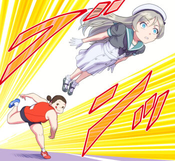 Rule 34 | 2girls, black neckerchief, blue eyes, blue sailor collar, dress, gloves, grappler baki, grey hair, hat, javelin (kancolle), kantai collection, long hair, loose hair strand, mary janes, mitarashi dingo, multiple girls, neckerchief, pun, sailor collar, sailor dress, sailor hat, shoes, short sleeves, throwing, throwing person, white dress, white gloves, white hat