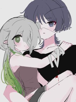 1boy 1girl 52601i absurdres alternate_costume alternate_hairstyle bandage_over_one_eye bandaged_wrist bandages black_shirt bleeding blood blood_from_wrists blunt_ends blush bright_pupils brown_shirt carrying casual closed_mouth constricted_pupils contemporary cropped_shirt cross-shaped_pupils earrings eyelashes eyepatch fang genshin_impact green_eyes green_hair grey_eyes grey_hair grey_shorts hand_on_another's_shoulder highres jewelry long_hair looking_at_viewer medical_eyepatch multicolored_hair nahida_(genshin_impact) open_mouth pointy_ears princess_carry scaramouche_(genshin_impact) shirt short_shorts shorts sketch sleeveless sleeveless_shirt streaked_hair symbol-shaped_pupils tareme white_background white_pupils