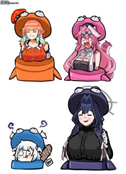 4girls absurdres animal_ears beret black_dress black_hat black_tube_top blaparky blue_hair bow braid cat_ears cat_girl cat_tail closed_eyes closed_mouth dress hair_bow hair_ornament hat highres hololive hololive_english medium_hair multicolored_hair multiple_girls official_alternate_costume official_alternate_hairstyle open_mouth orange_shirt ouro_kronii ouro_kronii_(maid) pink_hair raora_panthera raora_panthera_(1st_costume) shark_hair_ornament shirt smile strapless streaked_hair tail takanashi_kiara takanashi_kiara_(1st_costume) tongue tongue_out tube_top twin_braids two_side_up vest virtual_youtuber white_bow white_hair white_vest