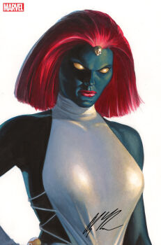 1girl alex_ross blue_skin colored_sclera colored_skin comic_cover company_name cover cover_page gloves hair_ornament hair_slicked_back halterneck logo looking_at_viewer marvel mature_female merchandise_available mystique no_pupils official_art raven_darkholme realistic red_hair red_lips short_hair signature skull_hair_ornament solo upper_body western_comics_(style) white_background white_gloves x-men yellow_sclera