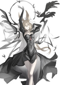 Rule 34 | 1girl, absurdres, animal ears, arknights, arm up, black dress, black gloves, blonde hair, chinese commentary, commentary request, dorothy (arknights), dress, gloves, hair between eyes, highres, long hair, looking at viewer, mouse ears, mouse girl, parted lips, sikadi shigaoshou, solo, veil, white veil, yellow eyes