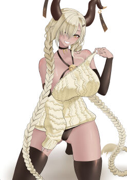 Rule 34 | 1girl, absurdly long hair, absurdres, alternate costume, azur lane, bare shoulders, black panties, black thighhighs, blonde hair, braid, breasts, brown horns, commentary request, detached sleeves, highres, horns, huge breasts, kneeling, large horns, long hair, mole, mole under mouth, owari (azur lane), panties, pulling own clothes, simple background, smile, solo, thighhighs, twin braids, underwear, very long hair, white background, yanagi naoya