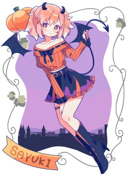 Rule 34 | 1girl, :t, absurdres, bare shoulders, black boots, black bow, black bowtie, black horns, black skirt, blush, boots, bow, bowtie, character name, closed mouth, collarbone, commentary request, demon girl, demon horns, demon wings, dot nose, frilled skirt, frills, full body, fumino sayuki, hand up, high heel boots, high heels, highres, horns, long sleeves, looking at viewer, magia record: mahou shoujo madoka magica gaiden, mahou shoujo madoka magica, o-ring, o-ring thigh strap, off-shoulder sweater, off shoulder, orange hair, orange sweater, ruru (rurumagi), short hair, short twintails, skirt, solo, sweater, thigh strap, twintails, wings, yellow eyes