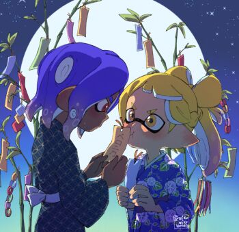 1boy 1girl ariamikukanzaki bamboo blonde_hair blue_hair blue_kimono blush bow-shaped_hair commentary dark-skinned_male dark_skin ear_blush eyebrow_cut floral_print full_moon gradient_hair hirooooo_(splatoon) holding holding_tanzaku inkling japanese_clothes kimono moon multicolored_hair nintendo pout print_kimono red_eyes signature splatoon_(series) splatoon_3 sweatdrop tanabata tanzaku tentacle_hair veronika_(splatoon) yellow_eyes