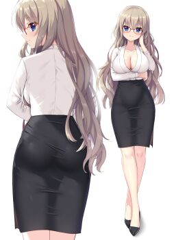 >:) 1girl 9-nine- absurdres adjusting_eyewear alternate_costume arm_under_breasts ass black_footwear black_skirt blue_eyes blush breasts cleavage closed_mouth clothing_cutout collarbone commentary commission cowboy_shot eyelashes full_body hair_between_eyes hand_up high-waist_skirt high_heels highres hip_vent kujou_miyako large_breasts legs light_brown_hair long_hair long_sleeves looking_at_viewer looking_back multiple_views ncontrail_(mgax7527) office_lady pencil_skirt profile pumps red-framed_eyewear shiny_skin shirt simple_background skeb_commission skirt smile split_mouth standing v-shaped_eyebrows very_long_hair wavy_hair white_background white_shirt