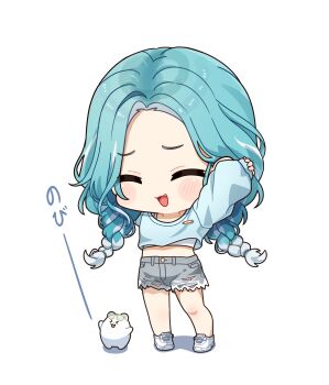1girl aqua_hair arms_up blush_stickers braid chibi chibi_only closed_eyes commentary_request denim denim_shorts forehead grey_shorts highres kiwipodo long_hair long_sleeves low_twin_braids midriff_peek open_mouth shiranami_ramune shiranami_ramune_(4th_costume) shirt shoes shorts simple_background sleeves_past_wrists sneakers solo stretching torn_clothes torn_shorts twin_braids virtual_youtuber vspo! white_background white_shirt