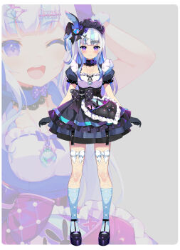 >:) 1girl ;d animal_ears apron arms_at_sides black_apron black_choker black_dress black_gloves black_shoes blue_hair blue_socks blunt_bangs blush bow bow_legwear breasts choker cleavage closed_mouth colored_inner_hair commentary_request connectopia diamond_necklace different_zoom_layer dress earrings fake_animal_ears fishnet_thighhighs fishnets framed_breasts frilled_choker frilled_dress frilled_skirt frills full_body fur-trimmed_gloves fur_trim gloves gradient_hair grey_background grey_hair hair_ornament hairclip heart_apron highres jewelry kneehighs layered_dress layered_legwear legs_apart lolita_fashion long_hair long_sidelocks maid maid_headdress medium_breasts mesugaki_dia mismatched_earrings multicolored_hair multiple_hair_clips multiple_views necklace official_art one_eye_closed one_side_up open_mouth paperclip_earrings petticoat pilokey platform_heels platform_shoes puffy_short_sleeves puffy_sleeves purple_eyes purple_hair rabbit_ears shirt shoes short_dress short_sleeves sidelocks silver_necklace simple_background skirt smile smug socks square_neckline straight-on strappy_heels teeth text_hair_ornament thighhighs thighhighs_over_socks unconventional_maid underbust upper_teeth_only v-shaped_eyebrows virtual_youtuber waist_apron waist_bow white_shirt white_thighhighs