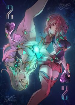 2girls blonde_hair breasts cleavage closed_mouth clothing_cutout commentary core_crystal_(xenoblade) dress elbow_gloves fingerless_gloves gloves heart highres hip_vent long_hair lustercool medium_breasts multiple_girls mythra_(xenoblade) parted_lips pyra_(xenoblade) red_shorts red_thighhighs short_dress short_hair shorts signature swept_bangs thigh_strap thighhighs tiara upside-down white_dress white_gloves xenoblade_chronicles_(series) xenoblade_chronicles_2 zettai_ryouiki