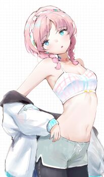 1girl absurdres ald_(arudoo) arknights blue_eyes blue_poison_(arknights) blue_poison_(shoal_beat)_(arknights) blue_shorts braid breasts choker grid_background hairband highres jacket jacket_partially_removed leggings_under_shorts looking_at_viewer midriff navel official_alternate_costume open_clothes open_jacket pink_choker pink_hair pink_sports_bra shorts small_breasts solo sports_bra stomach twin_braids white_jacket white_sports_bra