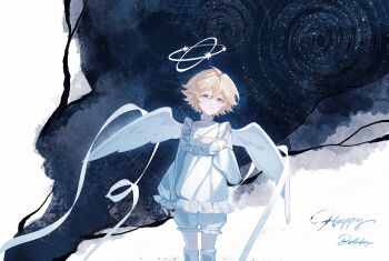 1boy absurdres ahoge alternate_costume androgynous angel angel_wings aotu_world arm_at_side blonde_hair bloomers blue_eyes boots chinese_commentary closed_mouth crossdressing crossdressing_(mtf) dress english_text feathered_wings feet_out_of_frame frilled_dress frilled_shorts frills hair_between_eyes halo hand_on_own_chest happy_birthday highres hongyeshiliu king_(aotu_world) long_sleeves looking_at_viewer male_focus night puffy_long_sleeves puffy_sleeves ribbon short_dress short_hair shorts sky solo sparkle standing star_(sky) starry_sky thigh_boots trap tree underwear white_boots white_dress white_ribbon white_shorts white_wings wings