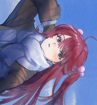 Rule 34 | 1girl, black coat, blue sky, blush, cloud, coat, fur trim, hair bobbles, hair ornament, highres, long hair, nasu (nasuotabe), purple eyes, red hair, scarf, sideways, sky, solo, twintails, two side up, umineko no naku koro ni, ushiromiya ange, white scarf