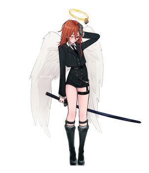 1boy angel_devil_(chainsaw_man) angel_wings belt_around_waist black_boots black_necktie black_suit boots brown_hair chainsaw_man commentary english_commentary formal_clothes full_body gloves grey_gloves halo hand_on_own_head highres holding holding_sword holding_weapon katana lapels long_hair long_sleeves mewmewti necktie one_eye_closed shirt simple_background solo suit sword thigh_strap trap weapon white_background white_shirt wings