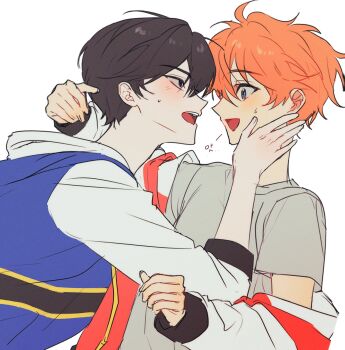 2boys akehoshi_subaru black_hair blue_eyes cchammu_22 commentary_request ensemble_stars! from_side grey_shirt hair_between_eyes hand_on_another&#039;s_neck hidaka_hokuto highres jacket korean_commentary leaning_forward long_sleeves male_focus multiple_boys open_clothes open_jacket open_mouth orange_hair shirt short_hair short_sleeves simple_background sketch smile teeth upper_body upper_teeth_only white_background yaoi