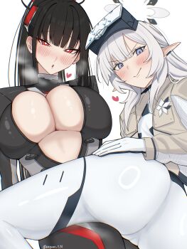 Rule 34 | 2girls, artist name, ass, black bodysuit, black hair, black halo, blue archive, bodysuit, breasts, bright pupils, center opening, cleavage, commentary request, cropped jacket, earclip, from behind, goggles, goggles on head, halo, head-mounted display, heart, highres, himari (blue archive), himari (bodysuit) (blue archive), impossible bodysuit, impossible clothes, long hair, looking at viewer, mole, mole under eye, multicolored halo, multiple girls, nagomu 7 56, official alternate costume, pointy ears, ponytail, red eyes, ringed eyes, rio (blue archive), rio (bodysuit) (blue archive), smile, two-tone halo, white bodysuit, white halo, white pupils