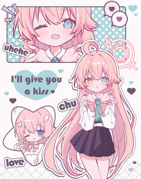 1girl ahoge black_skirt blowing_kiss blue_archive blue_eyes blush collared_shirt commentary_request cowboy_shot dot_nose double-parted_bangs english_text fang green_necktie hair_between_eyes halo hands_up heart heterochromia highres hoshino_(blue_archive) kurun_(kurun777) long_hair long_sleeves looking_at_viewer multiple_views necktie notice_lines open_mouth outline pink_hair pink_halo plaid_clothes plaid_skirt pleated_skirt shirt skin_fang skirt spoken_heart white_outline white_shirt yellow_eyes
