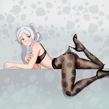 1girl :o abstract_background absurdres ass black_bra black_pantyhose black_shoes bra commentary earrings elbow_rest elf english_commentary feet_up fishnet_pantyhose fishnets floating_earrings floral_print_pantyhose frieren from_side full_body green_eyes high-waist_pantyhose high_heels highres hooked_on_heel jewelry josival lace_pantyhose lace_pantyhose_hooked_on_heel_(meme) long_hair lying meme no_panties on_stomach open-toe_shoes pantyhose pantyhose_tug pointy_ears shoes solo sousou_no_frieren thighs twintails underwear unmoving_pattern white_hair
