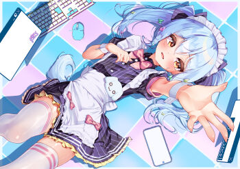 Rule 34 | 1boy, absurdres, apron, blue hair, blush, bow, bowtie, cellphone, commentary request, computer keyboard, computer mouse, frilled skirt, frills, highres, inuyama tamaki, inuyama tamaki (2nd costume), maid, maid headdress, marimo daifuku, noripro, orange eyes, phone, pink bow, pink bowtie, reaching, skirt, smartphone, smile, thighhighs, trap, twintails, virtual youtuber, white apron, white thighhighs