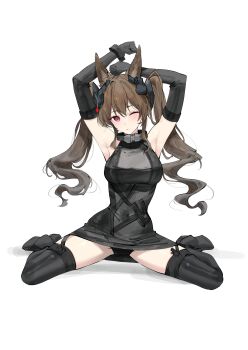 Rule 34 | 1girl, :|, angelina (arknights), animal ear fluff, animal ears, arknights, arknights: endfield, armpits, belt, black boots, black gloves, black pantyhose, black thighhighs, boots, breasts, brown hair, closed mouth, commentary, dot nose, dress, elbow gloves, expressionless, feint721, fold-over boots, fox ears, fox girl, full body, gilberta (arknights), gloves, grey dress, hands up, headpiece, high belt, high collar, highres, impossible clothes, impossible dress, long hair, looking at viewer, medium breasts, no coat, one eye closed, pantyhose, red eyes, simple background, sitting, sleeveless, solo, spread legs, stretching, thighhighs, twintails, upskirt, wariza, white background