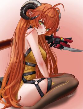 1girl ake_artand black_horns blush breasts commentary curled_horns dragon_girl dragon_horns dragon_tail from_side green_eyes hair_between_eyes highres horns large_breasts long_hair looking_at_viewer magus_(zenless_zone_zero) mechanical_horns mechanical_tail orange_background orange_hair orange_pupils orphie_magnusson pointy_ears signature simple_background sitting tail thighhighs thighs twintails zenless_zone_zero