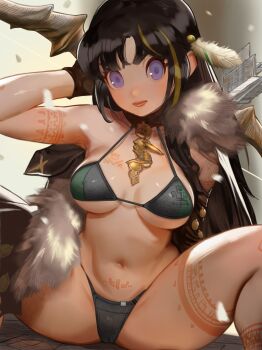 1girl bikini black_hair bow breasts character_request copyright_request feathers gloves highres jewelry long_hair looking_at_viewer medium_breasts navel necklace poritive purple_eyes swimsuit tagme tattoo