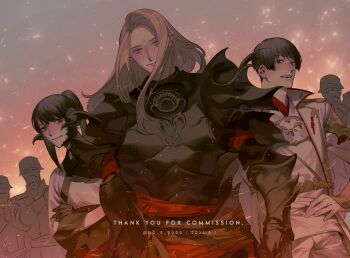 1other 2boys armor asahi_sas_brutus au_ra black_hair black_horns black_scales blonde_hair blue_eyes bowl_cut commission commissioner_upload crossed_arms dragon_horns final_fantasy final_fantasy_xiv forehead_jewel garlean gloves go_e_0000 hand_on_own_hip high_ponytail highres horns hyur izumi_tol_amulius japanese_armor japanese_clothes kimono long_hair looking_at_viewer multiple_boys ponytail red_eyes red_trim scales short_hair skeb_commission smile third_eye upper_body yukata zenos_yae_galvus