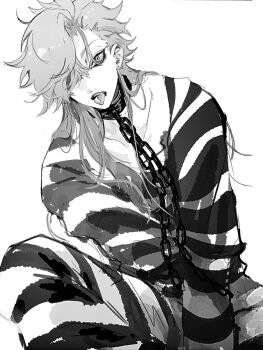 1boy alternate_costume alternate_hairstyle chain collar collarbone commentary greyscale hair_down hair_over_one_eye highres lio0oil_0 long_hair long_sleeves looking_at_viewer male_focus messy_hair monochrome open_mouth piercing prison_clothes shiguang_dailiren shirt simple_background sitting sketch solo striped_clothes striped_shirt tongue tongue_out tongue_piercing torn_clothes white_background xiao_weiying