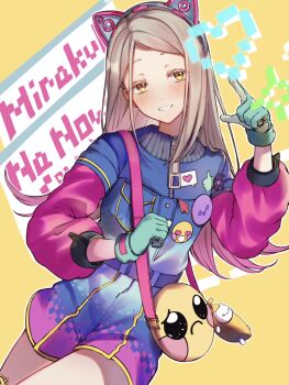 1girl animal_ear_hairband animal_ears aqua_gloves badge bag blonde_hair blue_jacket blue_shorts blush button_badge cat_ear_hairband cat_ears clenched_hand colored_eyelashes commentary_request cowboy_shot dutch_angle emoji fake_animal_ears flipped_hair gakuen_idolmaster gloves gradient_clothes gradient_hair gradient_jacket gradient_shorts hairband hand_up heart highres idolmaster jacket l_hand layered_sleeves long_hair long_sleeves looking_at_viewer meme miracle_na_now!_(idolmaster) multicolored_hair open_mouth orange_eyes parted_bangs pink_hair pink_jacket pink_shorts pixel_heart pleading_face_emoji puffy_long_sleeves puffy_sleeves sad_banana_cat_(meme) sakanatakana shinosawa_hiro short_over_long_sleeves short_sleeves shorts shoulder_bag smile solo song_name standing sticker_on_leg yellow_background yellow_bag zipper