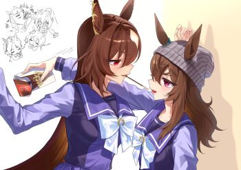 6+girls animal_ears arm_over_shoulder beanie bow bowtie breasts brown_hair chibi ears_through_headwear el_condor_pasa_(umamusume) eye_contact food gold_ship_(umamusume) grey_hat gul_(parfaitgul) hat highres horse_ears kabedon long_hair long_sleeves looking_at_another medium_breasts mouth_hold multiple_girls nakayama_festa_(umamusume) open_mouth orfevre_(umamusume) pink_eyes pocky pocky_day purple_shirt purple_skirt red_eyes sailor_collar satono_diamond_(umamusume) shadow shirt sirius_symboli_(umamusume) skirt small_breasts umamusume winter_uniform yuri