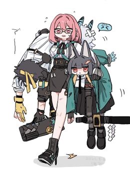 Rule 34 | &gt; &lt;, 1boy, 3girls, animal ears, aqua jacket, armband, asaba harumasa, asymmetrical gloves, black boots, black bow, black bowtie, black gloves, black hair, black necktie, black pants, black pantyhose, black skirt, blue oni, blue skin, boots, bow, bowtie, carrying, carrying over shoulder, carrying person, carrying under arm, collared shirt, colored skin, dress shirt, earrings, fingerless gloves, flying sweatdrops, fox ears, fox girl, full body, gauntlets, glasses, gloves, headband, high-waist skirt, holding, holding weapon, hollow special operations section 6 (zenless zone zero), horns, hoshimi miyabi, hourglass earrings, jacket, jewelry, mismatched gloves, multicolored horns, multiple girls, necktie, oni, pants, pantyhose, partially fingerless gloves, partly fingerless gloves, pencil skirt, pink eyes, pink hair, pleated skirt, red eyes, shirt, single gauntlet, skin-covered horns, skirt, soukaku (zenless zone zero), tsukishiro yanagi, umigasa, weapon, white background, white hair, white shirt, yellow armband, yellow gloves, yellow headband, yugake, zenless zone zero