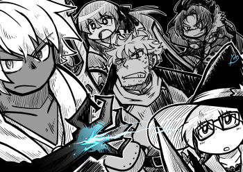 Rule 34 | 2girls, 3boys, arianna caledonia, beard stubble, bertrand de gervaise, bow, bow (weapon), chloe de gervaise, dark-skinned male, dark skin, etrian odyssey, everyone, facial hair, fafnir no kishi (sekaiju), flavio (sekaiju), glasses, goggles, goggles around neck, hair bow, hat, highres, holding, holding staff, holding sword, holding weapon, long hair, multiple boys, multiple girls, partial transformation, partially colored, sekaiju no meikyuu, shin sekaiju no meikyuu 2, short hair, staff, stubble, sword, weapon, witch hat, yutoridesi