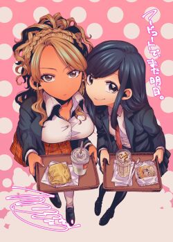 Rule 34 | 2girls, black hair, blonde hair, braid, breasts, brown eyes, dark skin, food court de mata ashita, gyaru, highres, long hair, looking at viewer, multiple girls, nariie shin'ichirou, necktie, pleated skirt, school uniform, shirt, skirt, wada (food court), wavy hair, white shirt, yamamoto (food court)