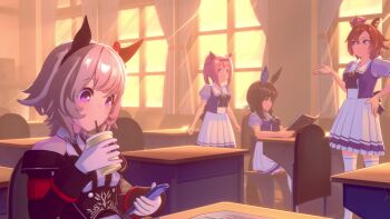 3d 6+girls admire_vega_(umamusume) animal_ears animated anna_anon ass aston_machan_(umamusume) audible_speech bare_shoulders black_dress black_leotard book bouncing_breasts breasts brown_hair brown_pantyhose cardboard_cutout cellphone classroom closed_mouth clueless cosplay cowboy_shot curren_chan_(umamusume) dot_nose dress drink english_audio fake_animal_ears feet_up female_focus finger_to_own_chin from_below from_side grey_hair grin hands_on_own_hips hands_up happy haru_urara_(umamusume) holding holding_book hood hooded_pajamas horse_ears horse_girl horse_tail imagining index_finger_raised indoors kigurumi koikatsu_(medium) laughing leaning_forward leotard looking_at_another looking_at_phone looking_at_viewer looking_down mayano_top_gun_(umamusume) medium_breasts miko_desh_(voice_actor) multiple_girls multiple_views mushroomgrenad off-shoulder_dress off_shoulder one_eye_closed onesie open_mouth orange_hair orange_sky pajamas pantyhose petite phone pink_background pink_hair pink_onesie plaid_clothes plaid_skirt playboy_bunny ponytail purple_eyes purple_shirt purple_skirt rabbit_ears rabbit_pose red_hair running sad school_uniform shirt short_hair short_sleeves sideways_glance simple_background skirt sky smartphone smile sound standing standing_on_one_leg strapless strapless_leotard sunset t.m._opera_o_(umamusume) tagme tail talking two-tone_dress two-tone_shirt umamusume video white_dress white_shirt white_skirt yellow_eyes